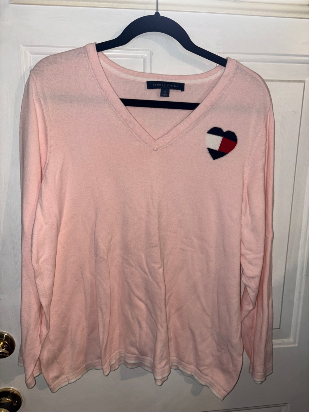 Tommy Hilfiger Light Pink V-Neck Sweater with Heart Patch